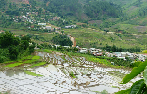 Ruộng lúa và làng mạc ở Tu Mơ Rông (tỉnh Kon Tum)